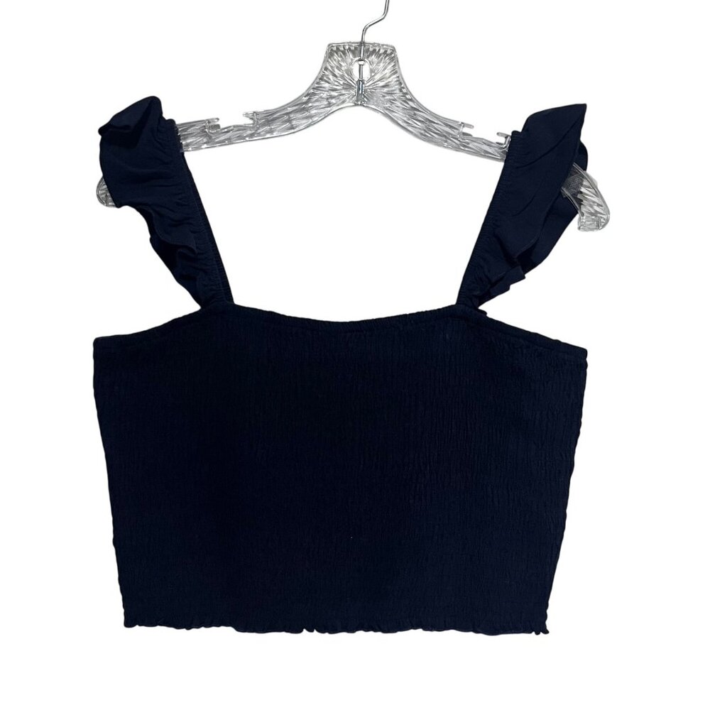 Anrabess‎ Smocked Crop Top Linen Blend XL Dark Blue New Ruffled Straps